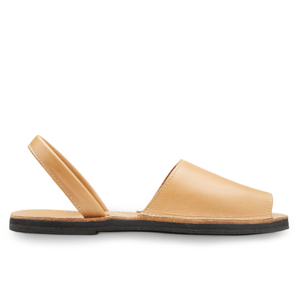 The Miina Natural Avarca Sandal: Simple natural leather Avarca sandal with secure ankle strap and cushioned sole, blending comfort with versatility.