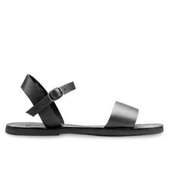 The Miina Black Aventura Sandal: Classic black leather walking sandal with arch support and secure ankle straps, designed for comfort and style.