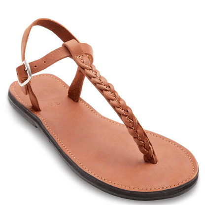 The Miina Caramel Bonita Sandal: Elegant caramel leather thong sandal with braided strap and secure ankle loop, combining classic style and comfort.