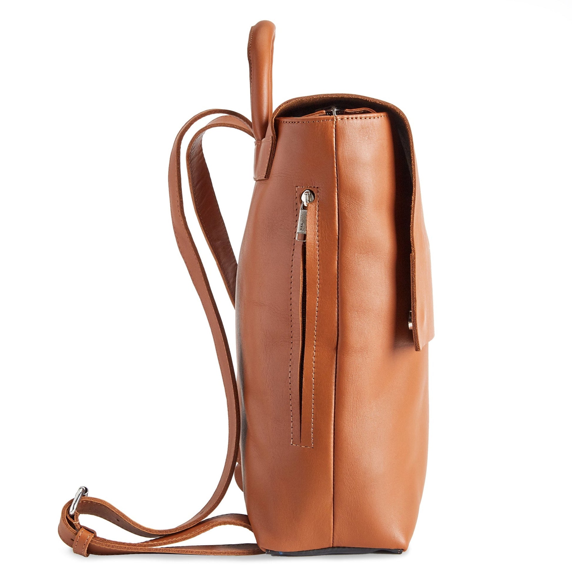 The side of the Miina Camino Caramel backpack.
