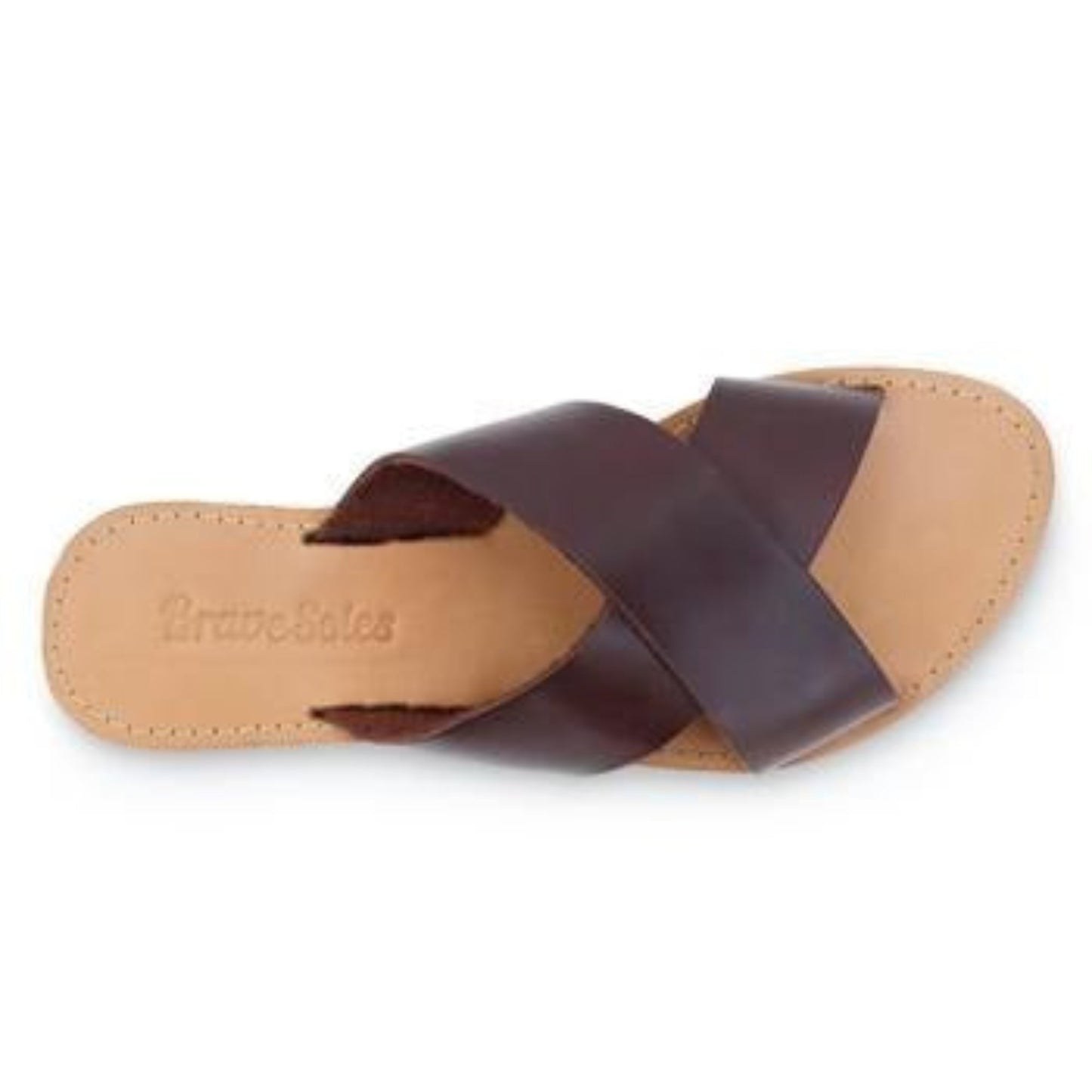 The Miina Constanza slide sandal in root beer color with upcycled tire soles