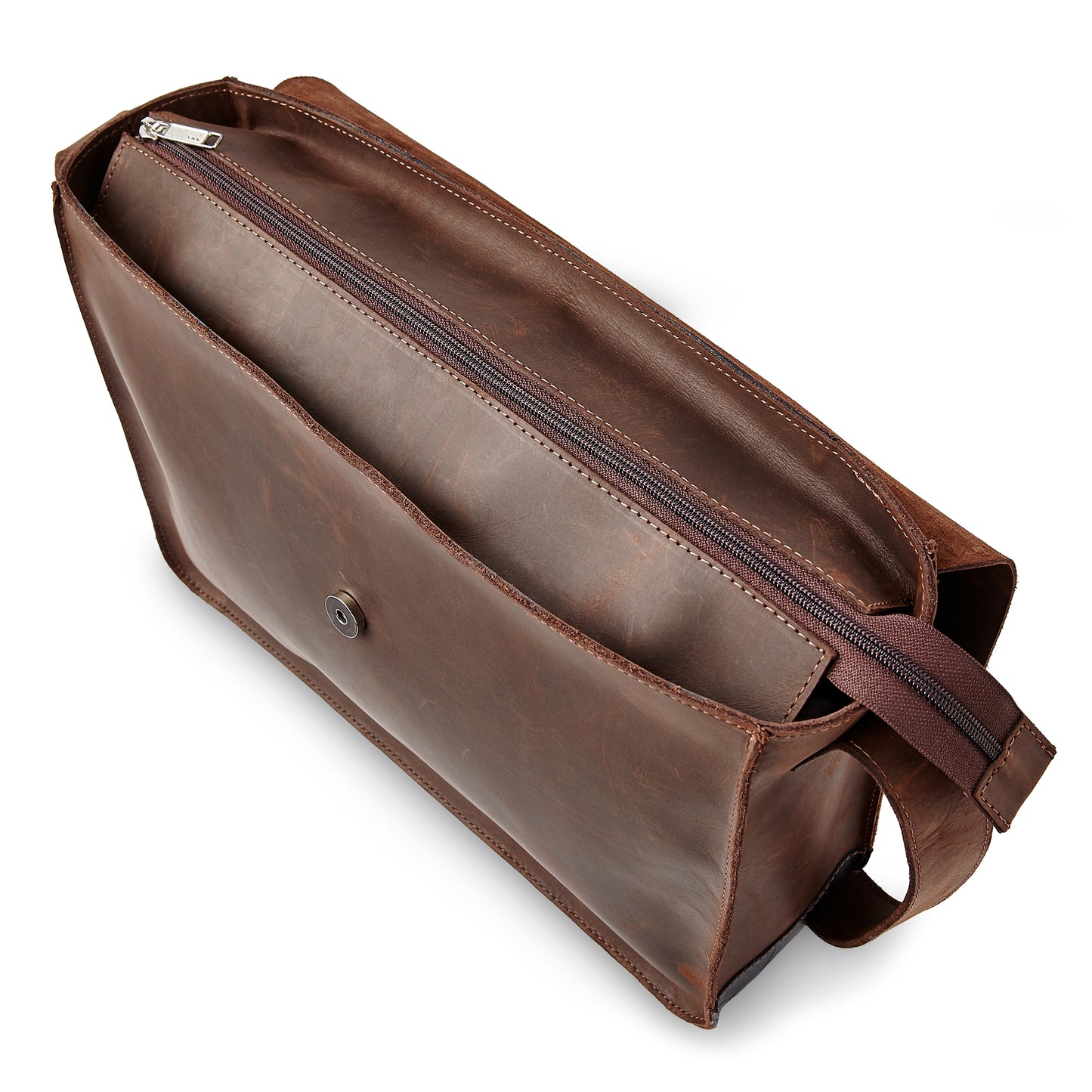 Top view of the Miina Leather Messenger Bag, featuring a durable zipper closure for added security and easy access to your belongings.