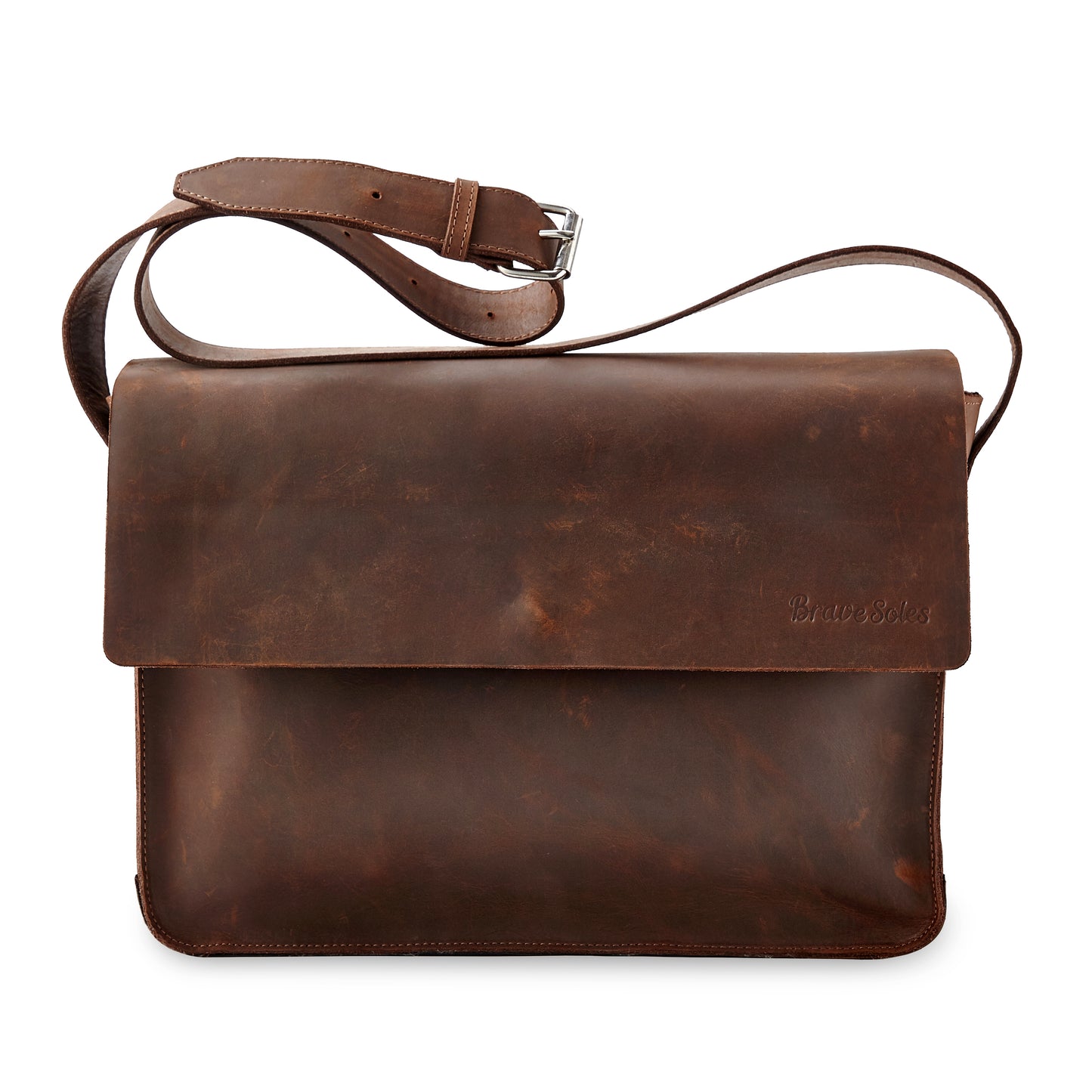 Miina Leather Messenger Bag front view, showcasing its sleek, minimal design with a secure flap closure.