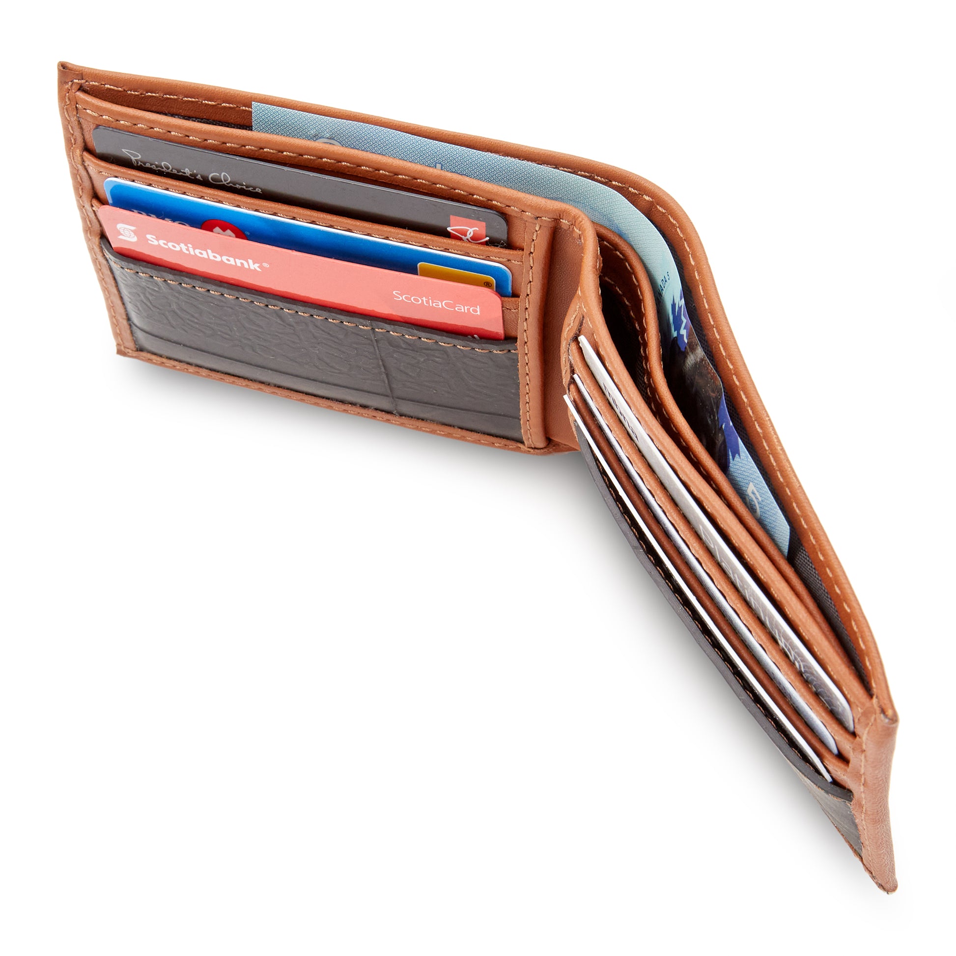 The Miina michel Bifold caramel Leather Wallet fully opened with cards neatly placed inside, showcasing its organized slots and functional design.