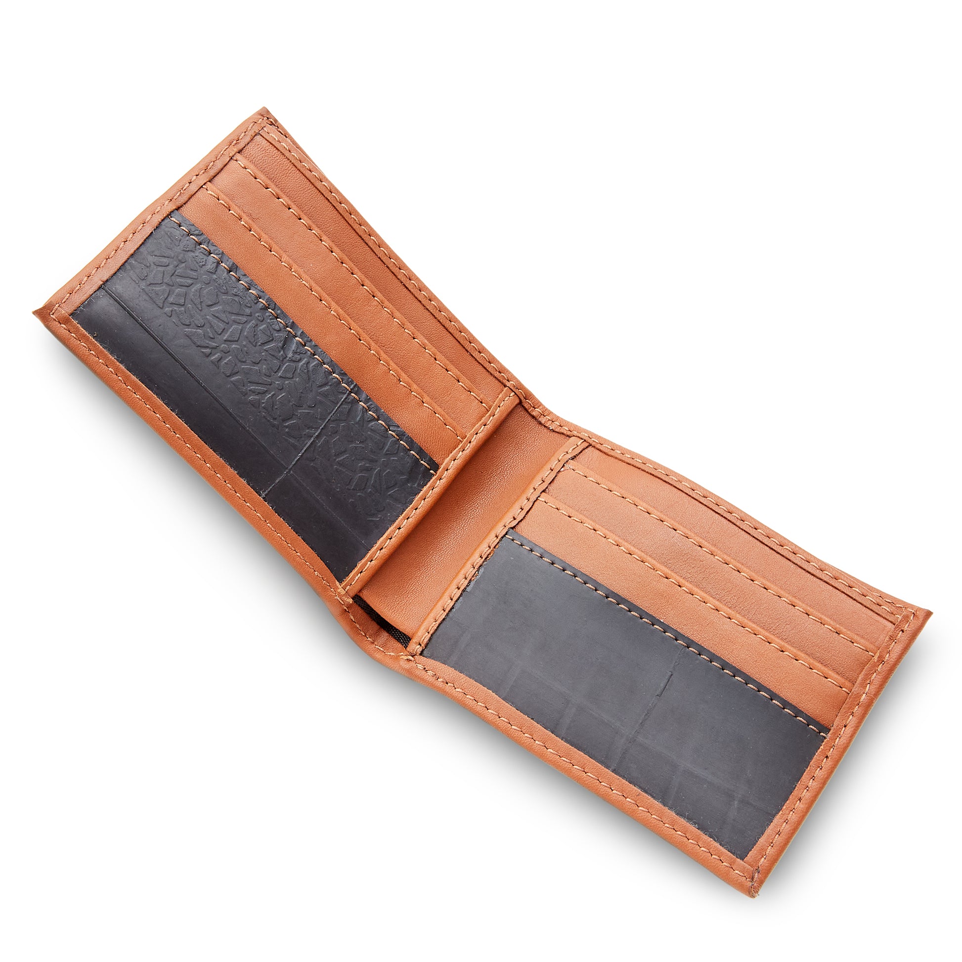 The Miina Bifold Leather Wallet opened, revealing its spacious compartments for cash and cards with a clean, practical layout.