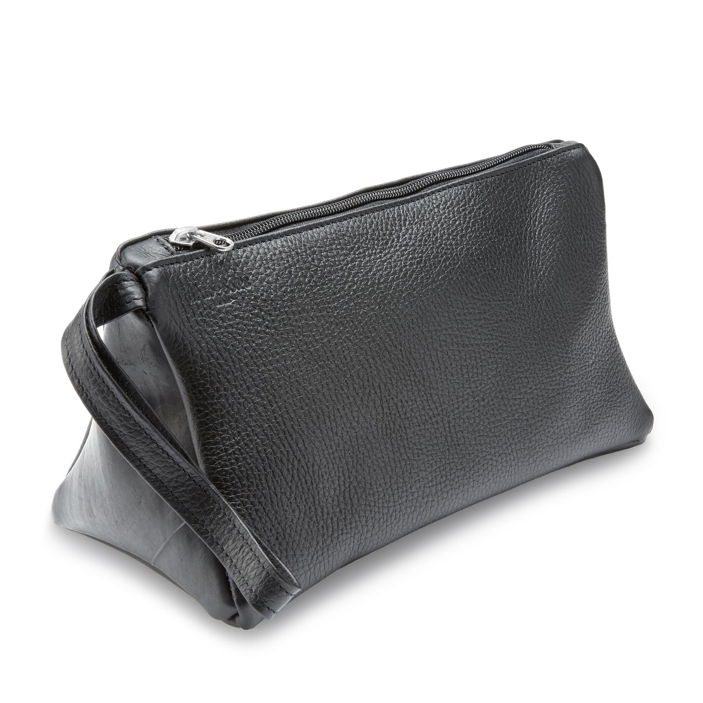 The Miina Black Leather Toiletry Bag front view, showcasing its sleek, minimalist design with premium leather craftsmanship.