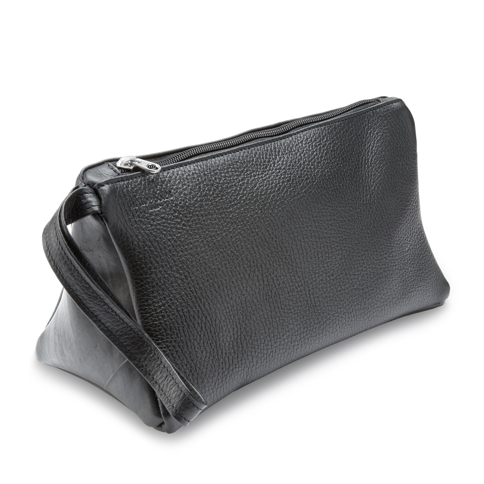 The Miina Black Leather Toiletry Bag front view, showcasing its sleek, minimalist design with premium leather craftsmanship.