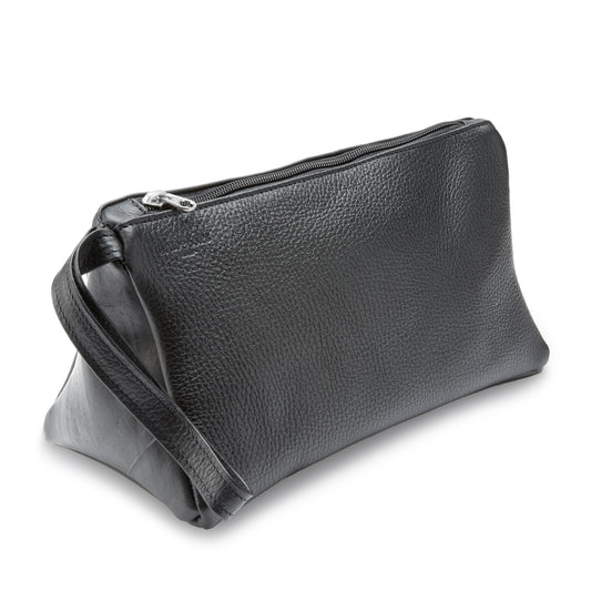 The Miina Black Leather Toiletry Bag front view, showcasing its sleek, minimalist design with premium leather craftsmanship.