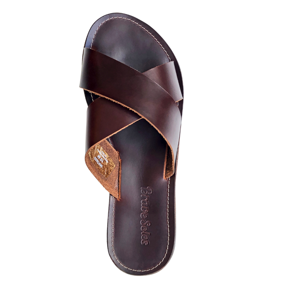 top view Brave Soles Men's Santiago slide sandal in mahogany
