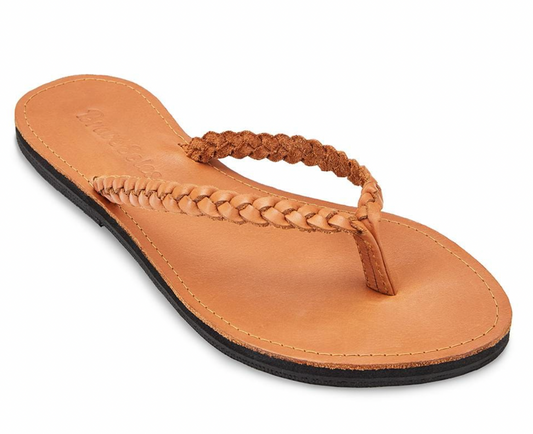 The Miina Caramel Trenza Sandal: Lightweight caramel leather braided sandal with cushioned sole, effortlessly combining style and comfort.
