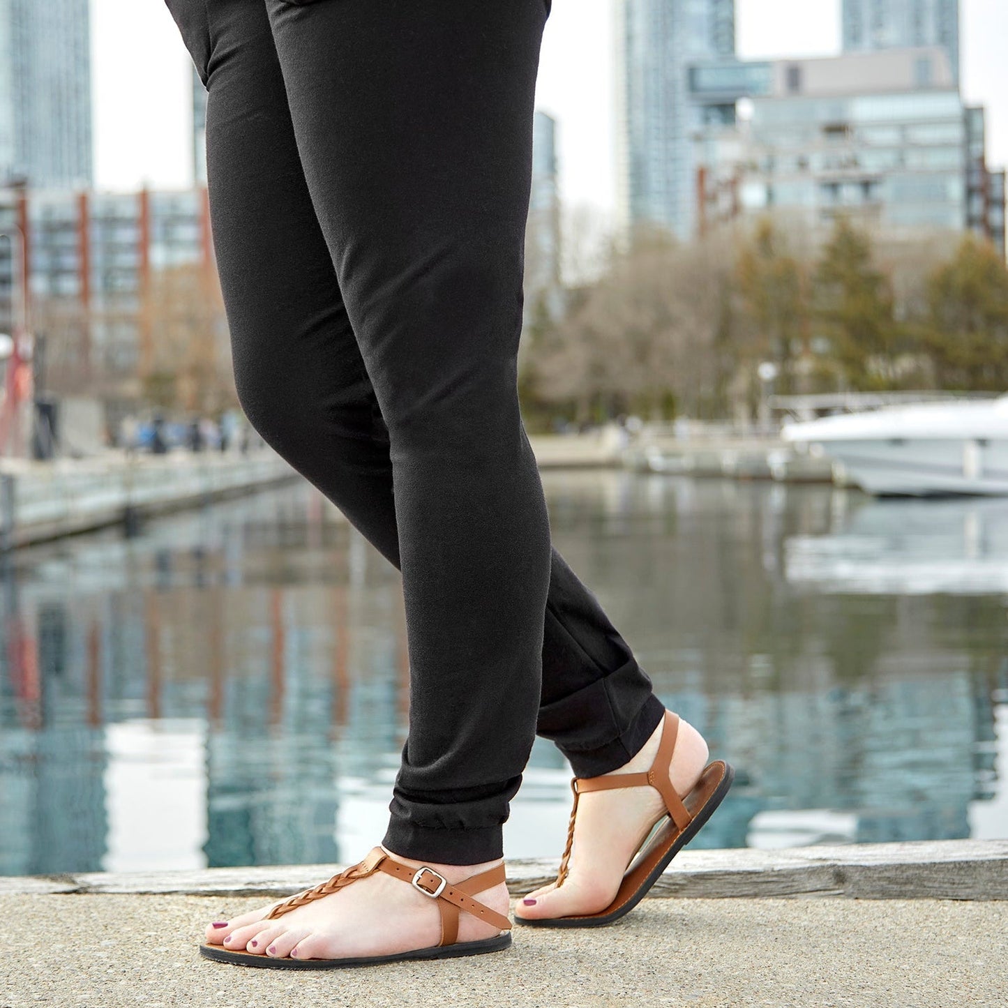 The Miina caramel bonita shoes with female model showcasing the fitting