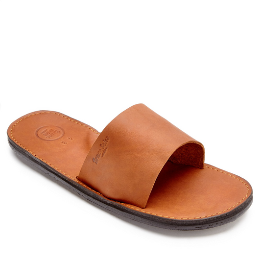 The Miina Antonio Leather Slide Sandal Caramel Angle View