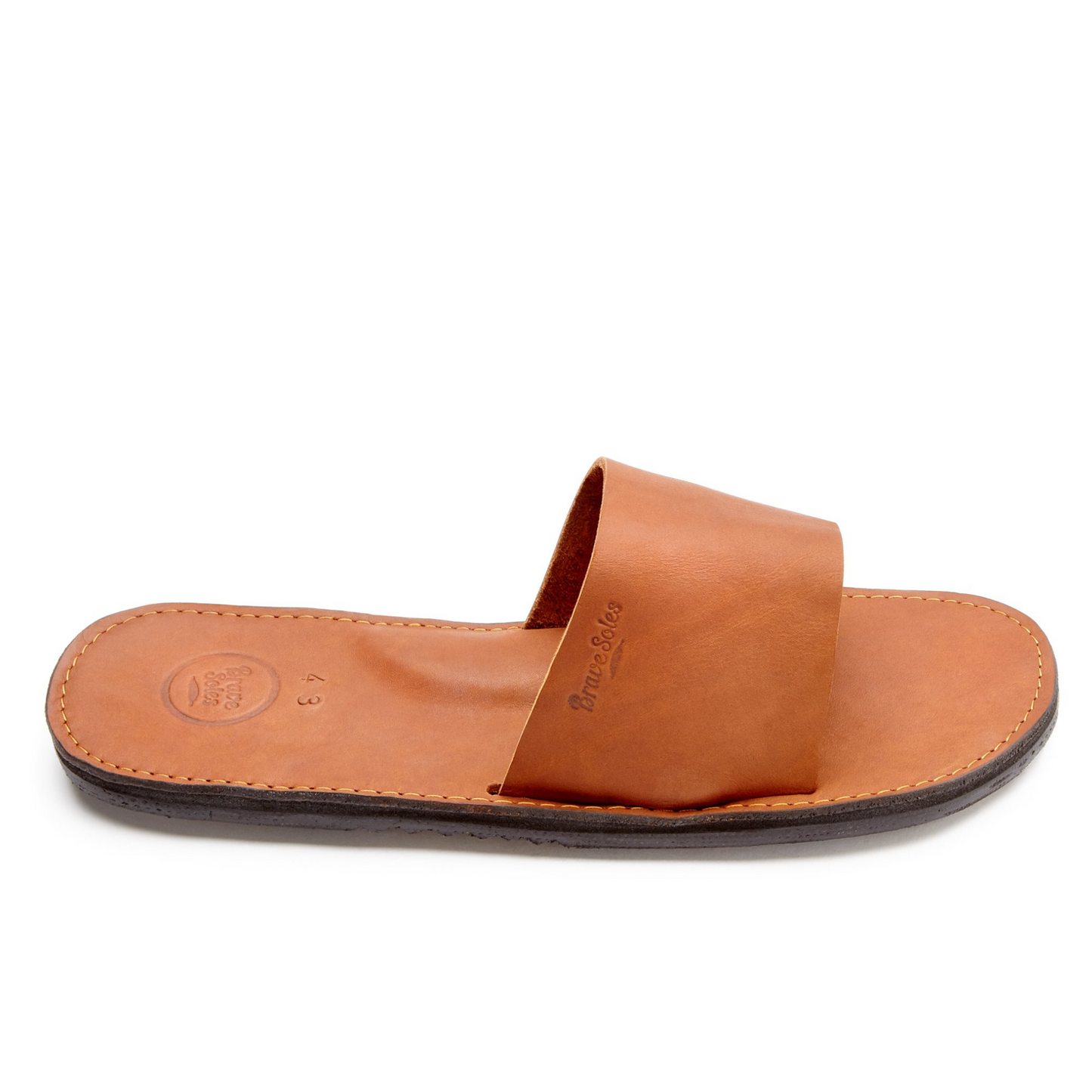 The Miina Antonio Leather Slide Sandal Caramel Side View