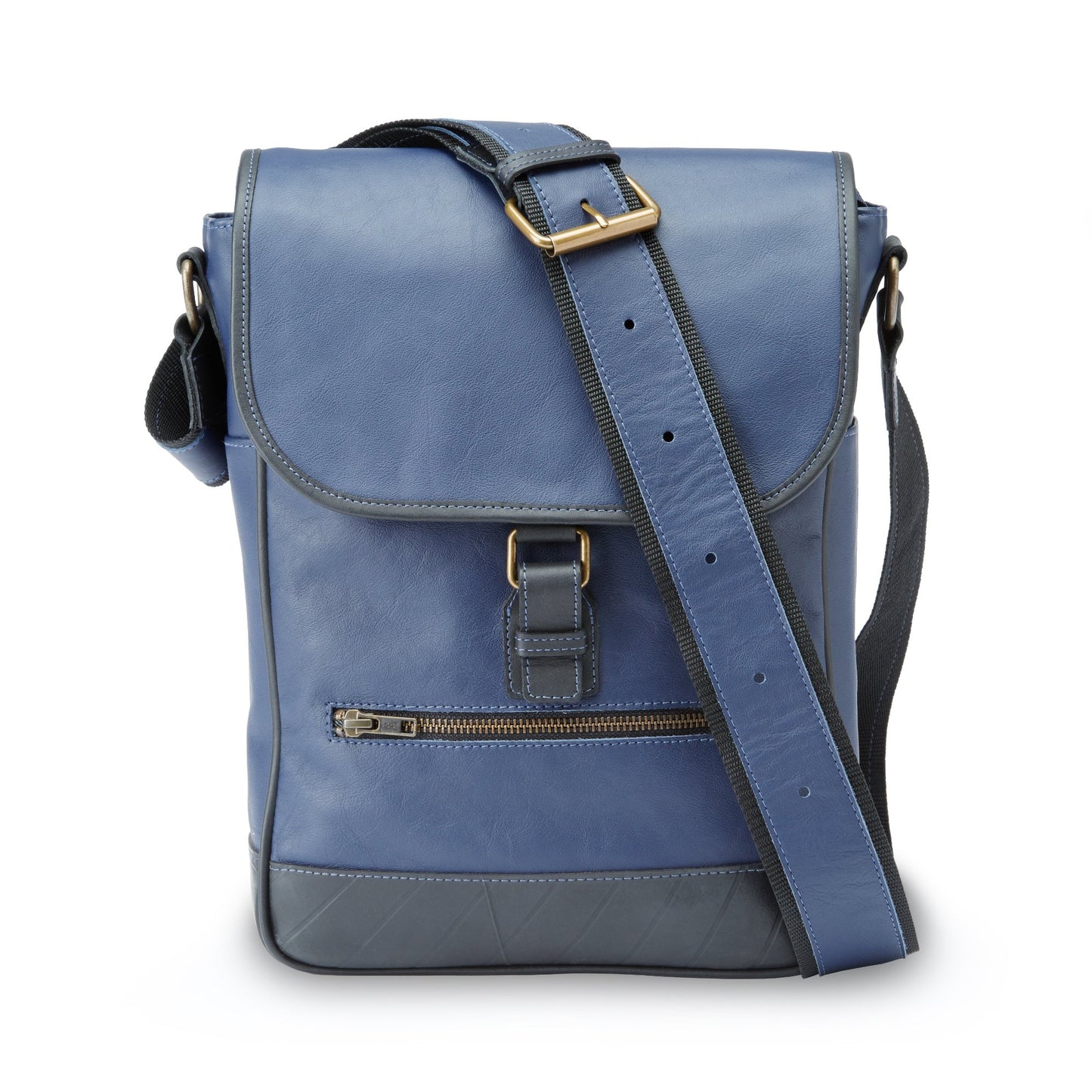 The Miina Hudson messenger hand bag made with upcycled aircraft leather in navy blue