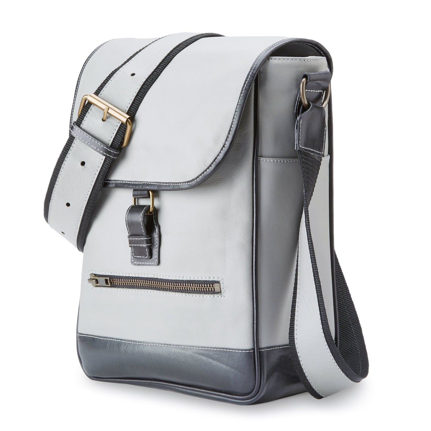 Quarter turn angle of the Miina Hudson messenger bag made with upcycled aircraft leather