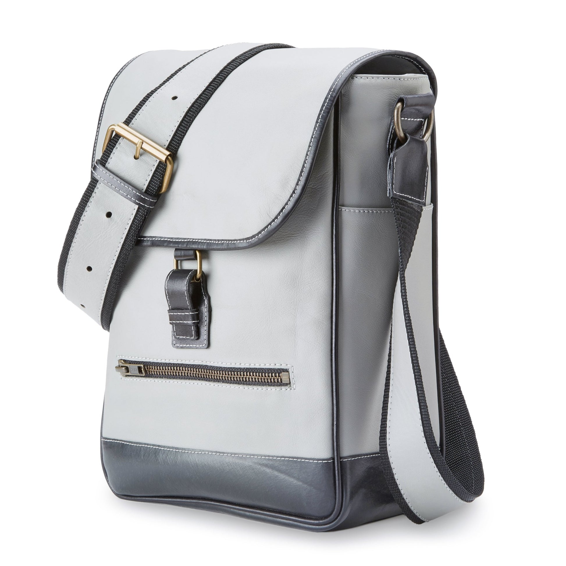 Quarter turn angle of the Miina Hudson messenger bag made with upcycled aircraft leather