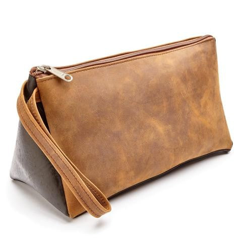The Miina Antique brown Leather Toiletry Bag front view, showcasing its sleek, minimalist design with premium leather craftsmanship.